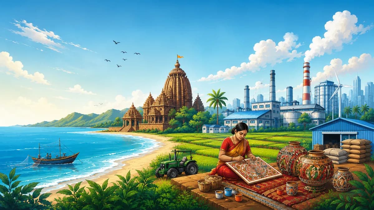 Odisha's coastline, the Konark temple, agriculture and industry side by side